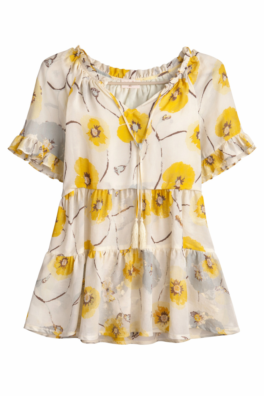 Hailey & Co Cream Yellow Floral Boho Peasant Tunic Top Romantic Small